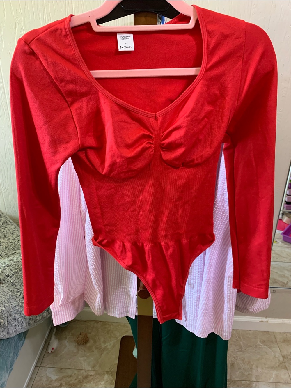 Red Scoop Neck Long Sleeve Bodysuit
